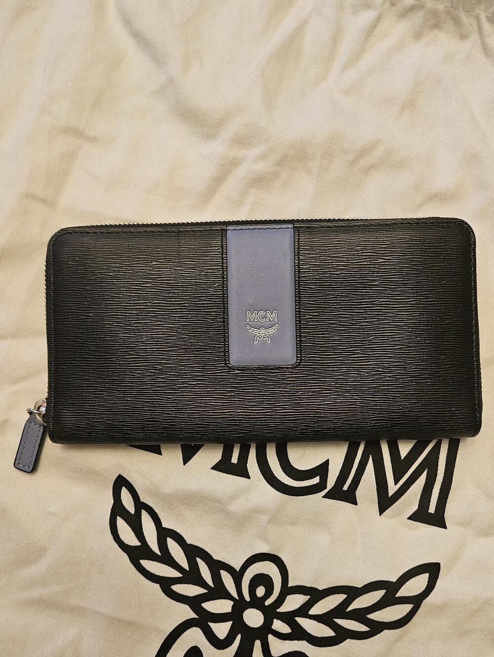 MCM Black Leather Zip Wallet with Blue Center Tab